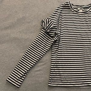 H&M Black & White Striped Long Sleeve Tshirt with Frills on Sleeves, Size M